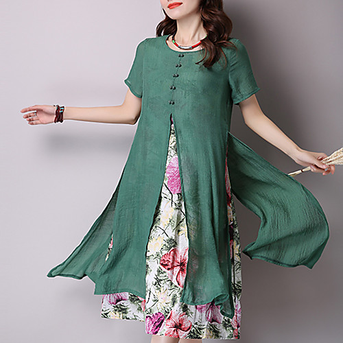 

Women's Loose Midi Dress Green Gray Short Sleeve Floral Print Summer Round Neck Chinoiserie Cotton Floral M L XL XXL