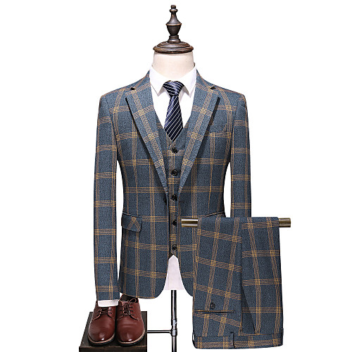 

Men's Party / Daily Spring & Fall Plus Size Regular Suits, Plaid Fantastic Beasts Peaked Lapel Long Sleeve Cotton / Polyester Gray