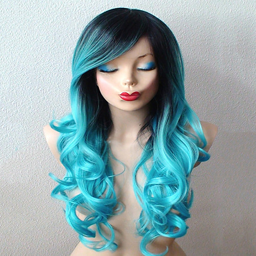 

Synthetic Wig Cosplay Wig Curly Curly With Bangs Wig Long Smoke Blue Synthetic Hair Women's Ombre Hair Dark Roots Side Part Blue