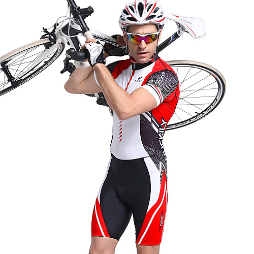 

Nuckily Men's Short Sleeve Triathlon Tri Suit Red Stripes Bike Breathable Anatomic Design Ultraviolet Resistant Sports Polyester Spandex Stripes Triathlon Clothing Apparel / Stretchy / Advanced
