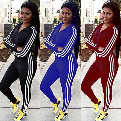 

Women's Workout Jumpsuit Patchwork Stripes Black Red Blue Spandex Zumba Yoga Fitness High Waist Bodysuit Clothing Suit Long Sleeve Sport Activewear Butt Lift Breathable 3D Pad Anatomic Design Stretchy