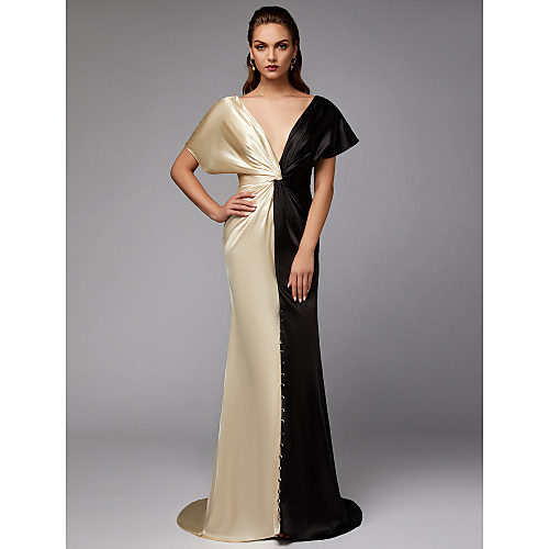 

Sheath / Column Color Block Celebrity Style Formal Evening Dress Plunging Neck Short Sleeve Sweep / Brush Train Satin with Draping 2021