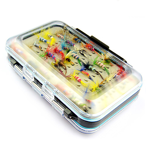 

64 pcs Flies Fishing Lure Set Kit Flies Handmade Waterproof Case Floating Bass Trout Pike Fly Fishing Lure Fishing Plastic Feathers