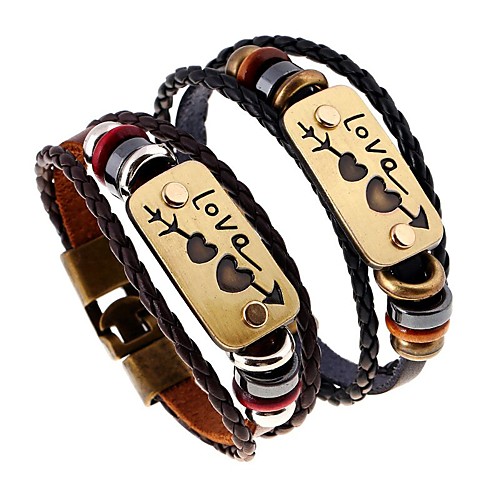 

Men's Bead Bracelet Leather Bracelet Braided Engraved Sweet Heart Letter Artistic Basketwork Bracelet Jewelry Black / Brown For Street