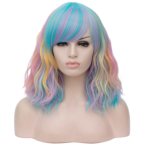 

Curly Middle Part Wig Short Rainbow Synthetic Hair 16 inch Women's Case Fashionable Design Red Blue