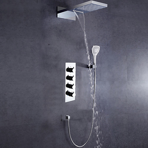 

Wall Mounted Bath Shower Faucet Set / Contemporary Bathroom Rain Waterfall Shower Head / Hot And Cold Mixer Valve / Hand Shower Included / Chrome