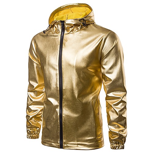 

Men's Daily / Sports Fall & Winter Regular Jacket, Solid Colored Hooded Long Sleeve Polyester Gold / Black / Silver