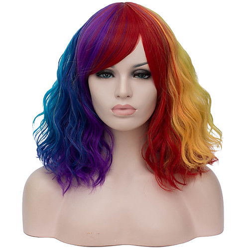 

Curly Minaj Middle Part Wig Short Rainbow Synthetic Hair 16 inch Women's Case Fashionable Design Red Blue