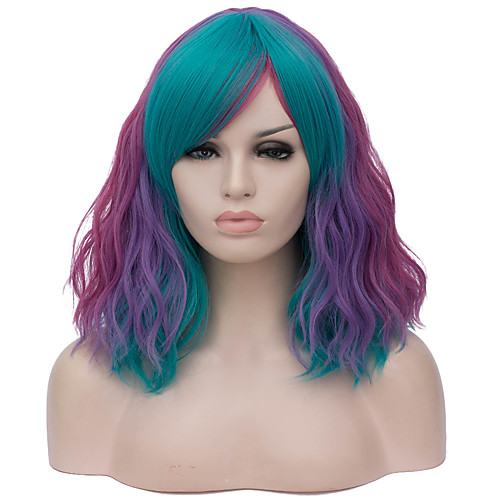 

Curly Middle Part Wig Short Rainbow Synthetic Hair 16 inch Women's Case Fashionable Design Blue Purple