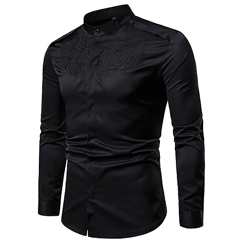 

Men's Color Block Tribal Embroidered Shirt - Cotton Elegant Vintage Evening Party Date Vacation Standing Collar White / Black / Navy Blue / Long Sleeve