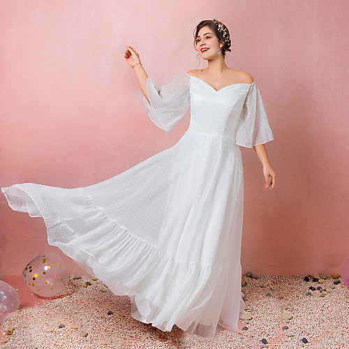 

A-Line Empire White Engagement Prom Dress Off Shoulder 3/4 Length Sleeve Floor Length Chiffon Satin with Ruffles 2021