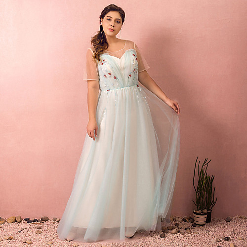 

A-Line Plus Size Prom Formal Evening Dress Illusion Neck Short Sleeve Floor Length Satin Tulle with Beading 2021