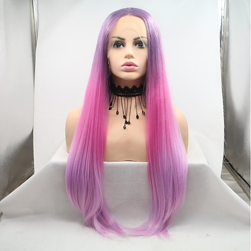 

Synthetic Lace Front Wig kinky Straight Layered Haircut Lace Front Wig Pink Medium Length Pink / Purple Synthetic Hair 26 inch Women's Women Pink Purple Sylvia