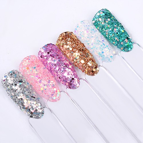 

6 pcs PVC(PolyVinyl Chloride) Eco-friendly High Transparency Slim design Sweet French Daily Masquerade Glitter Powder Sequins for Finger Nail Toe Nail