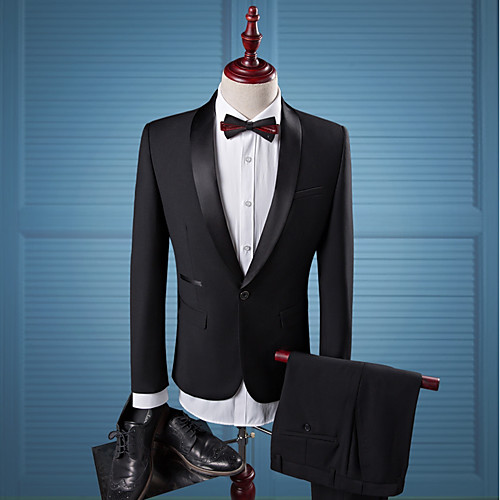 

Solid Colored Tailored Fit Polyester Suit - Shawl Collar Single Breasted One-button / Suits