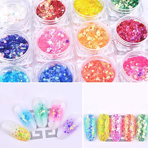 

12 pcs PVC(PolyVinyl Chloride) Glitter Classic Slim design Color Changing Korean Sweet Daily Masquerade Black Tie Gala Glitter Powder Sequins for Finger Nail Toe Nail