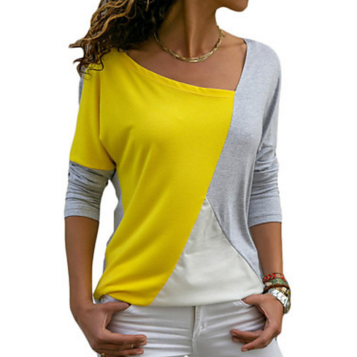 

Women's T-shirt Color Block Long Sleeve Round Neck Tops Loose Basic Top Blue Yellow Gray