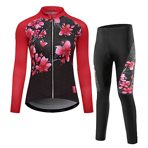 

Women's Long Sleeve Cycling Jersey with Tights Red Floral Botanical Bike Clothing Suit Breathable Moisture Wicking Quick Dry Winter Sports Polyester Floral Botanical Mountain Bike MTB Road Bike