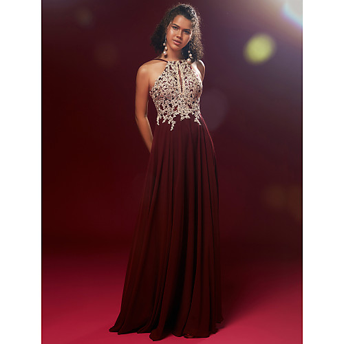 

A-Line Elegant Floral Keyhole Prom Formal Evening Dress Y Neck Sleeveless Floor Length Chiffon Lace with Appliques 2021