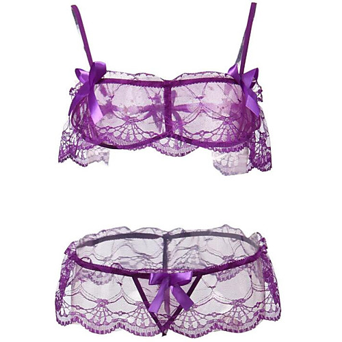 

Women's Lace Bow Wireless Padless Full Coverage Bras & Panties Sets Solid Colored Sexy Black Blushing Pink Purple