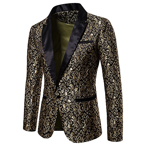 

Men's Party / Club Luxury / Vintage Spring / Fall / Winter Regular Blazer, Floral Notch Lapel Long Sleeve Polyester Jacquard Gold / White / Black