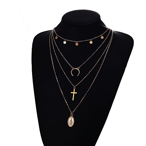 

Women's Layered Necklace Long Necklace Layered Cross Crescent Moon double horn Ladies Ethnic Fashion Alloy Gold 415 cm Necklace Jewelry 1pc For Daily Festival