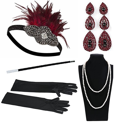 

The Great Gatsby Charleston Roaring 20s Vintage 1920s Costume Accessory Sets Gloves Necklace Flapper Headband Women's Feather Costume Head Jewelry Earrings Pearl Necklace Red / Black Vintage Cosplay