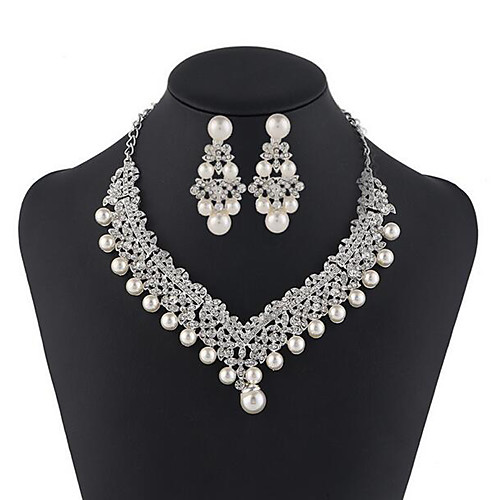 

Women's White Crystal Necklace Earrings Set Beads Heart Gypsophila Luxury Imitation Pearl Rhinestone Earrings Jewelry Silver For Wedding Party 1 set