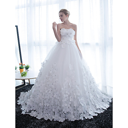 

Ball Gown Wedding Dresses Strapless Chapel Train Satin Tulle Strapless Sparkle & Shine with Crystals Flower 2021