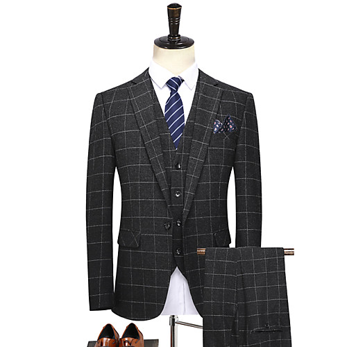 

Blue / Gray Checkered Slim Fit Polyester Suit - Notch Single Breasted One-button