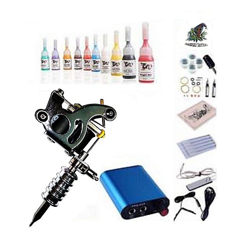 

BaseKey Tattoo Machine Starter Kit - 1 pcs Tattoo Machines with 10 x 5 ml tattoo inks, Professional Mini power supply 1 steel machine liner & shader