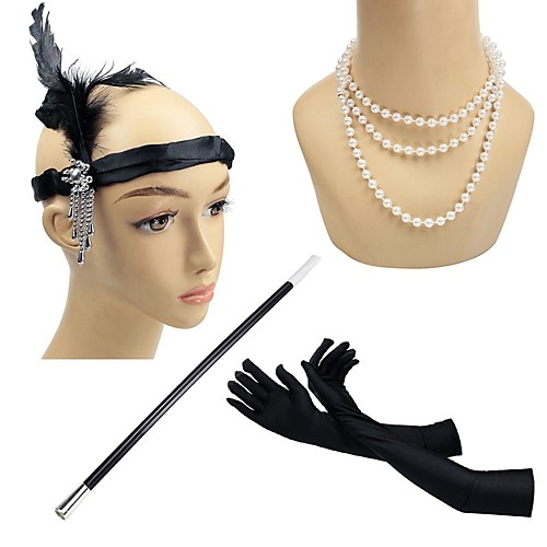 

The Great Gatsby Charleston Vintage 1920s Costume Accessory Sets Necklace Flapper Headband Women's Feather Costume Head Jewelry Pearl Necklace Black Vintage Cosplay Party Prom Sleeveless / Gloves