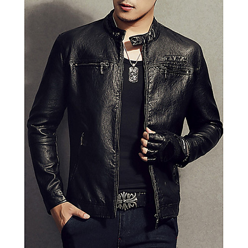 

Men's Leather Jackets Solid Colored Punk & Gothic Fall Faux Leather Jacket Regular Daily Long Sleeve PU Coat Tops Black