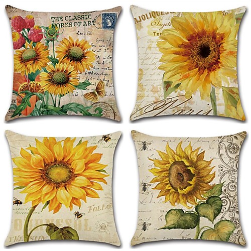 

4 pcs Cotton / Linen Pillow Cover, Floral Rustic Square Traditional Classic