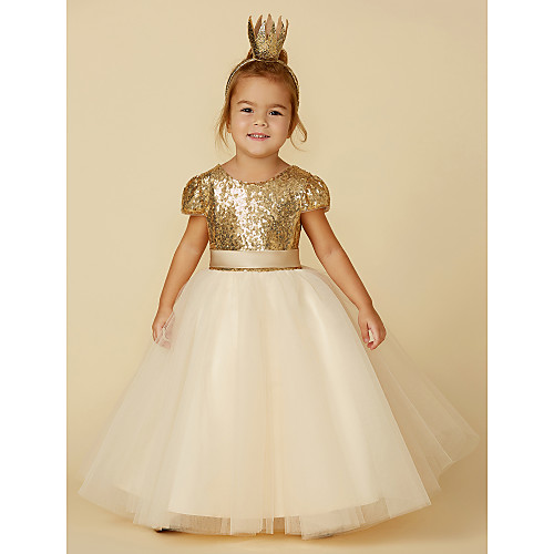 

Princess Floor Length Wedding / Party / Pageant Flower Girl Dresses - Tulle / Sequined Short Sleeve Jewel Neck with Sash / Ribbon / Sequin