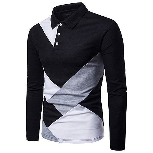 

Men's Polo Check Color Block Long Sleeve Daily Tops Cotton Basic Streetwear White Black Gray