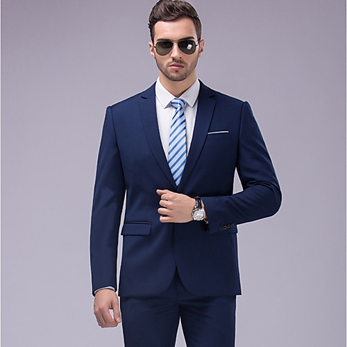 

Solid Colored Tailored Fit Polyester Suit - Notch Single Breasted One-button / Suits