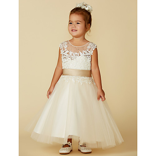 

Ball Gown Ankle Length / Knee Length Wedding / Party / Pageant Flower Girl Dresses - Lace / Tulle Sleeveless Jewel Neck with Belt / Buttons / Beading