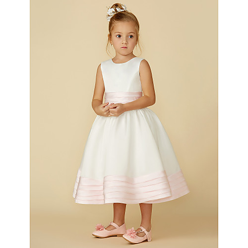 

A-Line Tea Length Wedding / First Communion Flower Girl Dresses - Satin Sleeveless Jewel Neck with Sash / Ribbon / Bow(s)