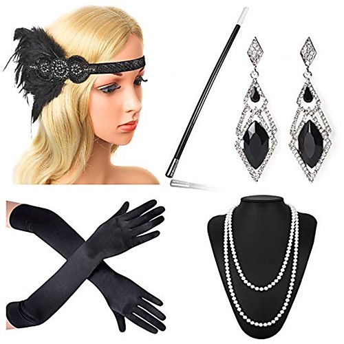 

The Great Gatsby Charleston Vintage 1920s Roaring Twenties Roaring 20s Flapper Headband Women's Feather Costume Head Jewelry Pearl Necklace Black / Golden / GoldenBlack Vintage Cosplay Party Prom