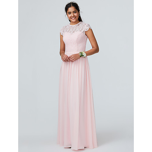 

A-Line Jewel Neck Floor Length Chiffon Bridesmaid Dress with Lace / Sparkle & Shine