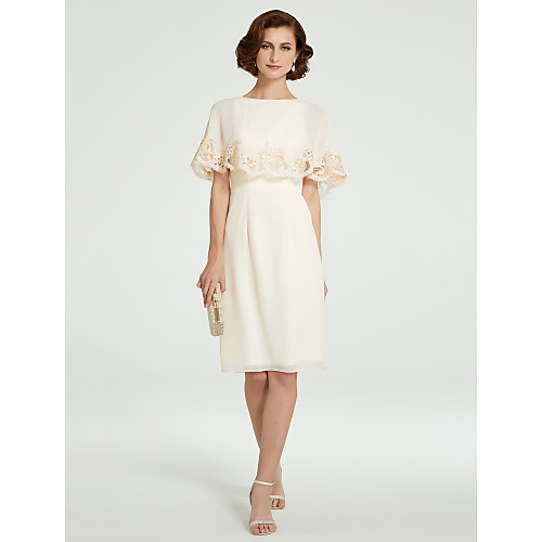 

Sheath / Column Mother of the Bride Dress Jewel Neck Knee Length Chiffon Half Sleeve with Lace 2021