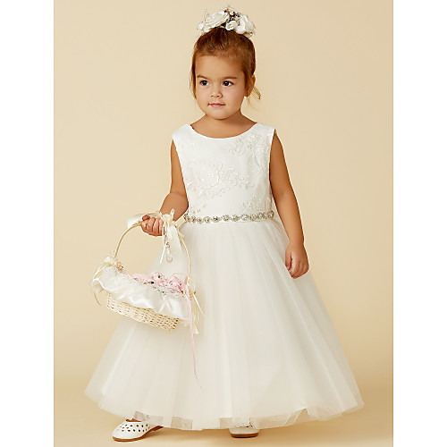 

Princess Floor Length Wedding / First Communion Flower Girl Dresses - Lace / Tulle Sleeveless Jewel Neck with Lace / Sash / Ribbon / Bow(s)