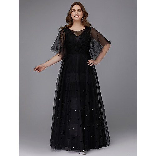 

A-Line Plus Size Prom Formal Evening Dress Jewel Neck Half Sleeve Floor Length Tulle with Beading 2021