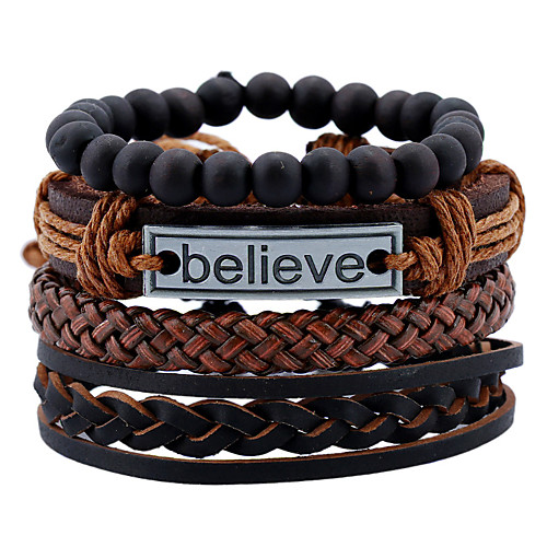 

Men's Leather Bracelet Loom Bracelet Braided Rope Engraved Believe Vintage European Fashion Leather Bracelet Jewelry Brown For Daily Street