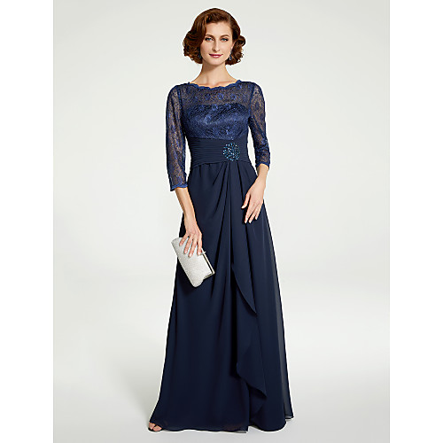 

A-Line Mother of the Bride Dress Jewel Neck Floor Length Chiffon Lace 3/4 Length Sleeve with Lace Ruching 2021
