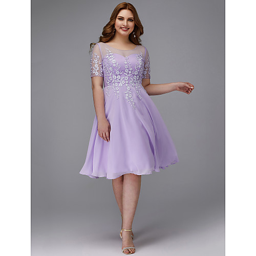 

A-Line Plus Size Purple Homecoming Cocktail Party Dress Illusion Neck Short Sleeve Knee Length Chiffon Lace with Appliques 2020