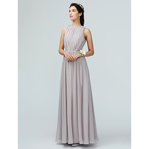 

A-Line Jewel Neck Floor Length Chiffon Bridesmaid Dress with Pleats / Split Front