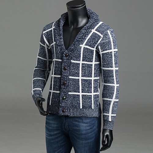 

Men's Jacquard Check Cardigan Long Sleeve Long Sweater Cardigans Shirt Collar Fall Blue Gray / Weekend