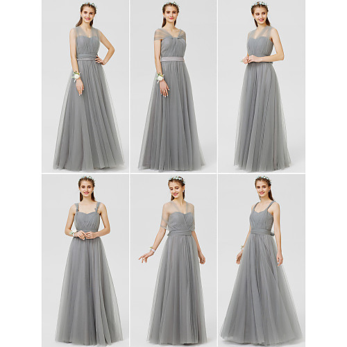 

Ball Gown / A-Line V Neck Floor Length Tulle Bridesmaid Dress with Sash / Ribbon / Bow(s) / Ruched / Convertible Dress